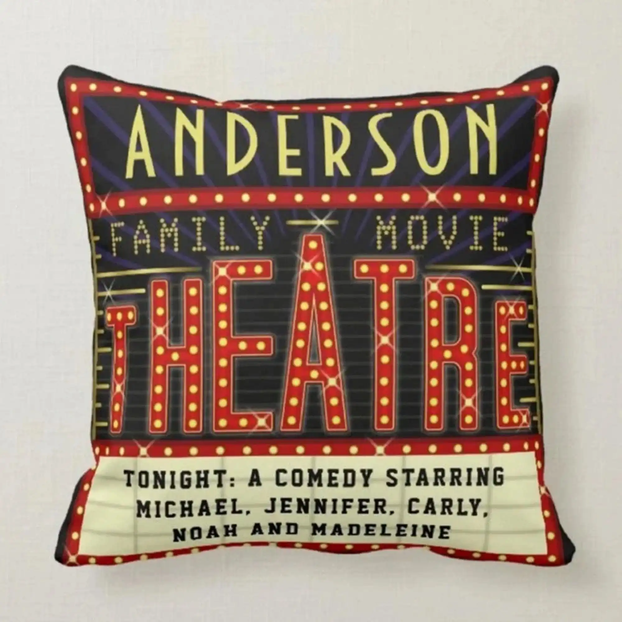 Movie Night Cinema Throw Pillow Cover, Popcorn Film Reel Print Decorative Cushion Case, Vintage Theater Style Pillowcase