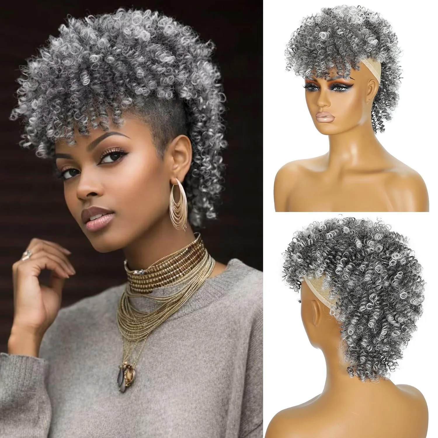 Synthetic Mohawk Curly Ponytail Wig with Bangs Short Afro Updo Hairpiece Cosplay Party Costume Extension