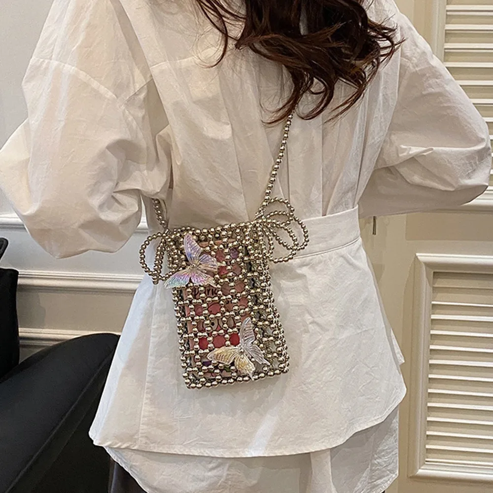 

Простая блестящая мини-квадратная сумка, акриловая сумка через плечо с бабочкой и бисером, тканая серебряная сумка через плечо для телефона, дорожная