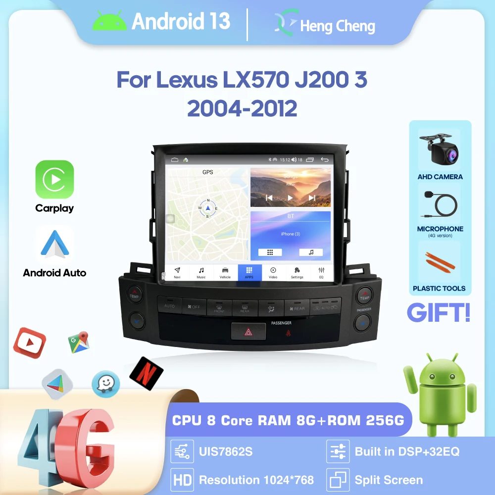 10.4inch For Lexus LX570 J200 3 2004-2012 GPS navigation stereo  car radio multimedia player Android13 Auto Carplay 4G 360camera