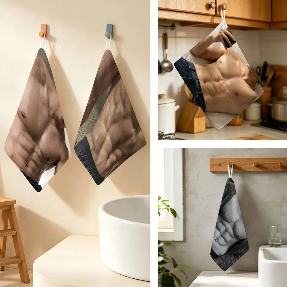Gym Males Bodybuilders Portraits Household Hanging Towel Polyester Cotton Hand Wiping Towel Sturdy For Bathroom Bedroom