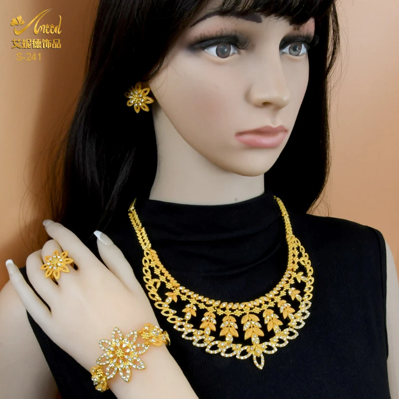 Nigerian Luxury Wedding African Jewelry Set For Women Dubai Crystal Necklace Earrings Bracelet Ring Sets Pendants Jewellery