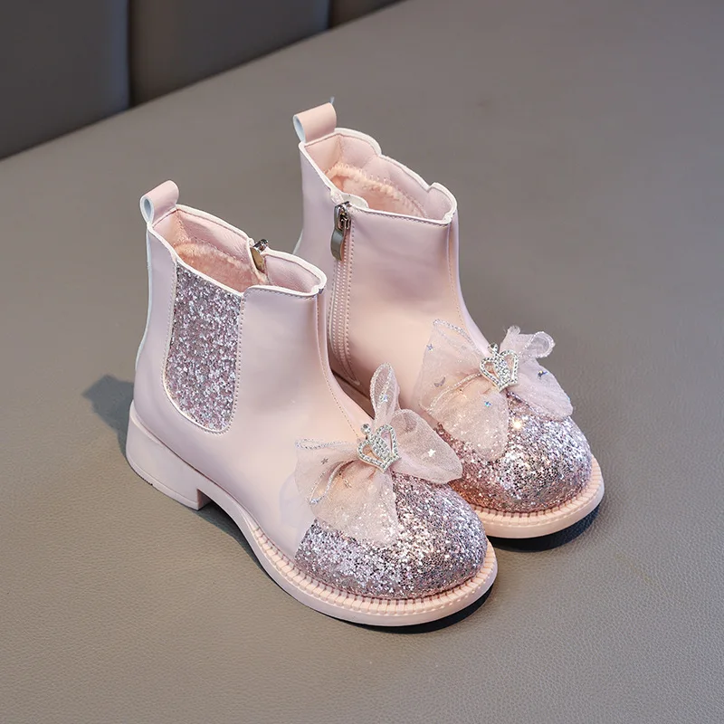 Girls Short Boots Spring Autumn Versatile Kids Boots Shiny Bow Crown Soft Princess Shoes Spring Autumn New 2023 New Elegant Chic