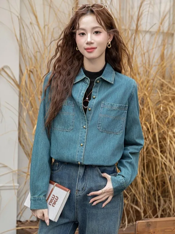 

Blue Denim Shirt Women's Autumn Winter New Design Retro Style Long Sleeve Shirt Versatile Layering Clothing Fashionable Ladie...
