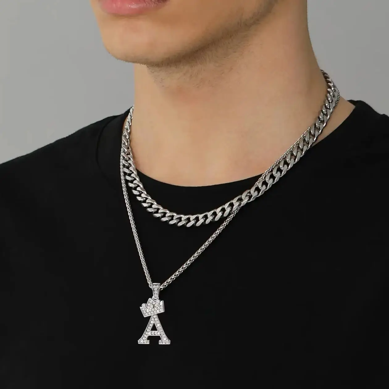U7 A+++ White CZ Crown 26 Initial Letters Necklaces for Man Women 3mm Link Chain Unisex Luxury Hip Hop Name Jewelry