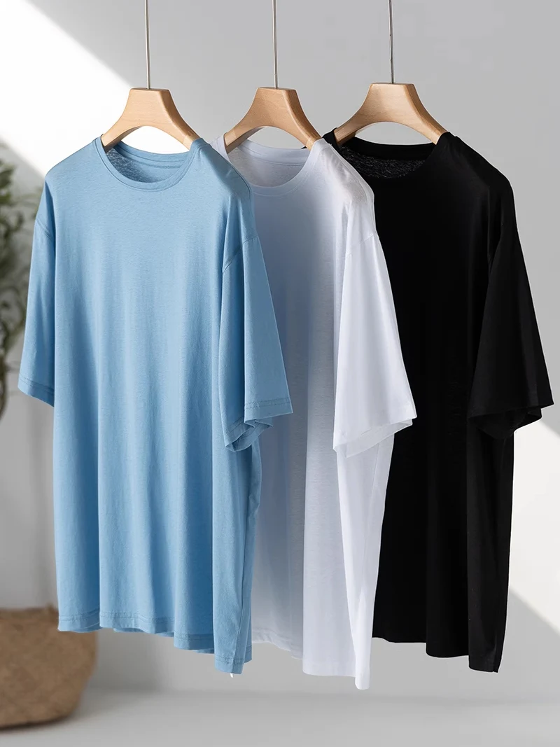 Woman Loose T Shirts O Neck Drop Sleeves Silk Linen Blend Natural Fabric Cozy Tee 2023 Spring Summer Top Blue White DALINN