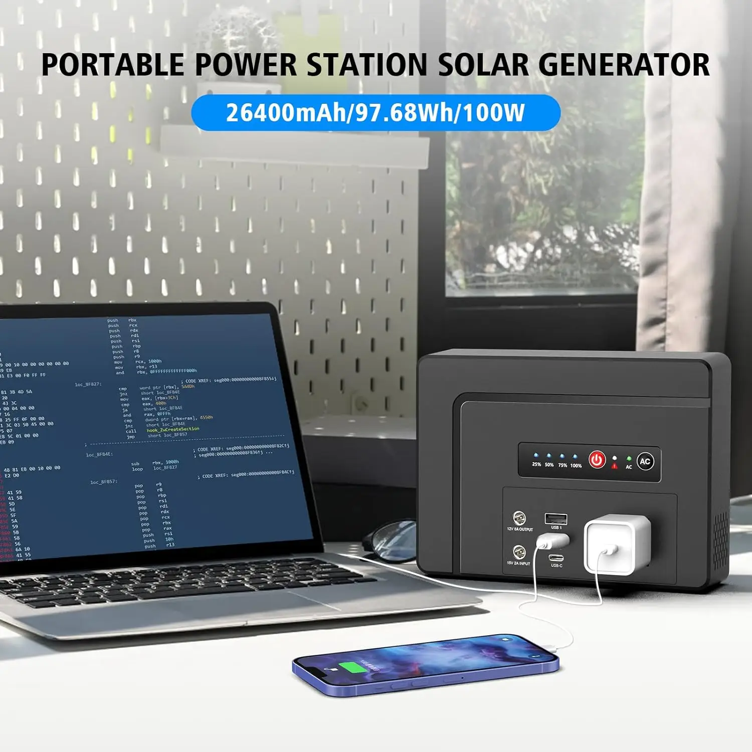 Estação de energia portátil Powkey 100W/97,68Wh, banco de potência com tomada AC 26400mAh bateria de carregamento rápido para acampamento ao ar livre RV