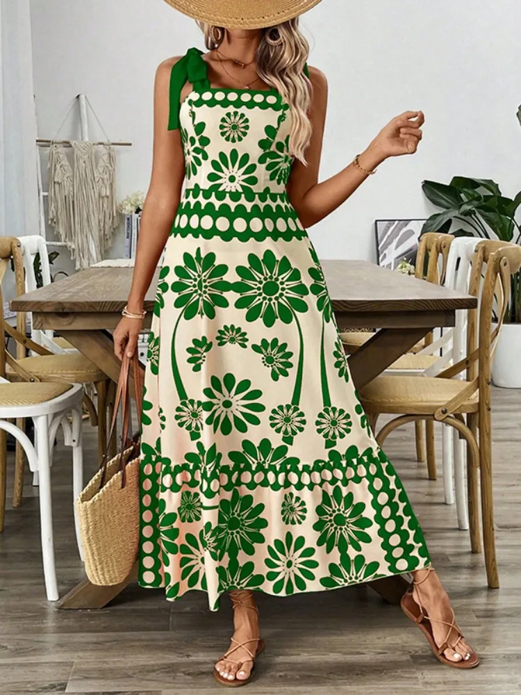 Onecozyday feminino impresso amarrado espaguete-pescoço boho maxi vestido 2025 verão moda férias vestidos de cintura alta vestido plissado