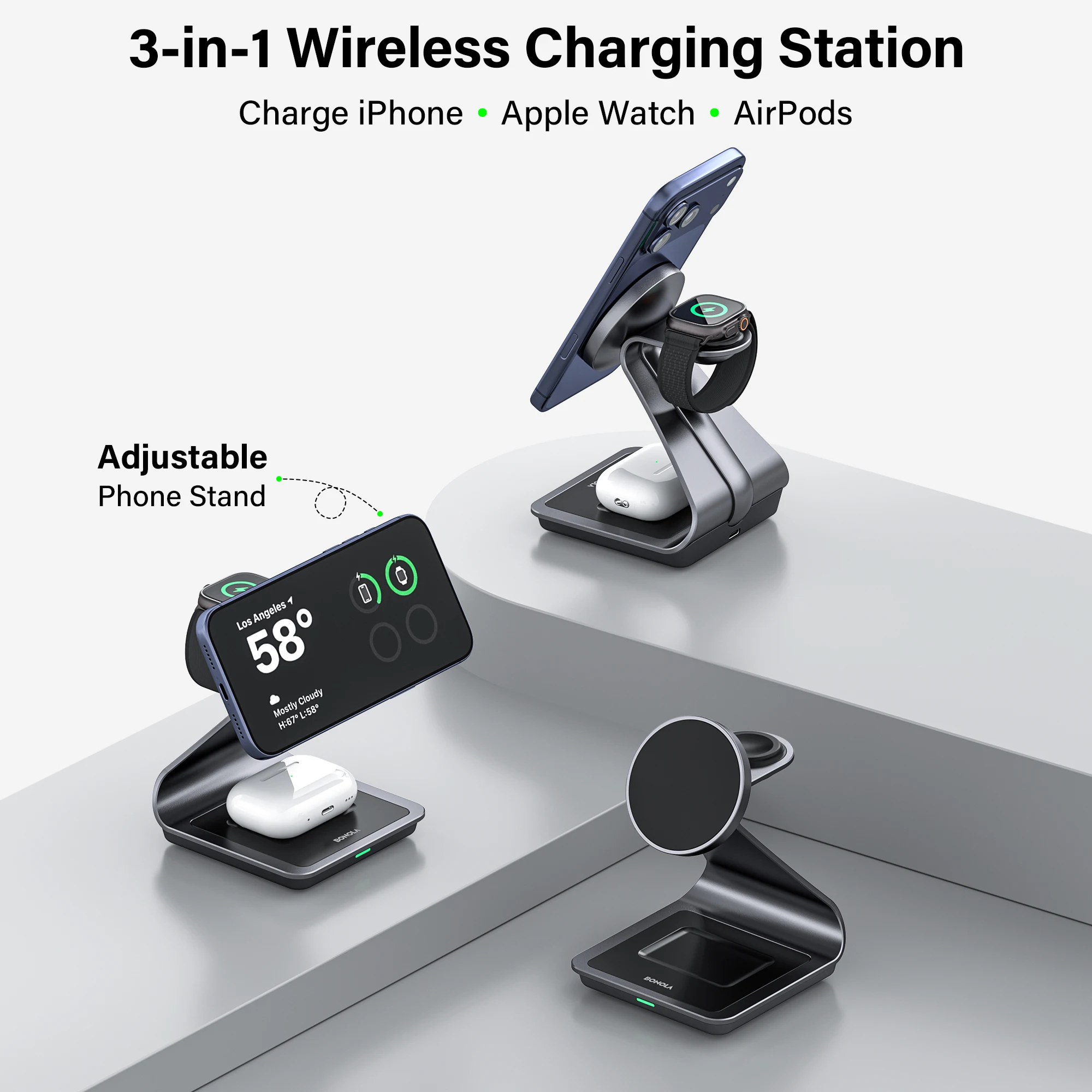 Bonola 3-in-1 Magnetische Kabellose Ladestation für iPhone 17/17 Pro Max/16/15 15W Kabelloses Laden für Apple Watch AirPods Pro – Detail 4