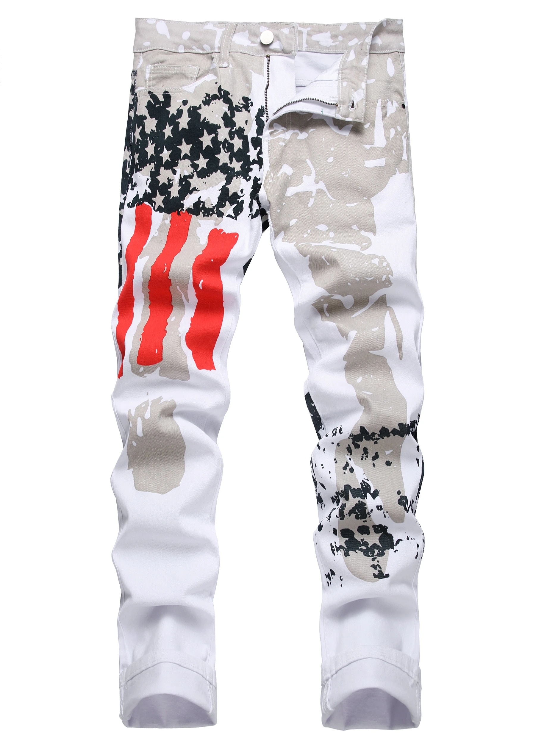 

Men's Faion Print Casual Straight Leg Jeans Slim Fit Elastic Large Size Splaed Ink Flower Pants Cotton Elastic Denim