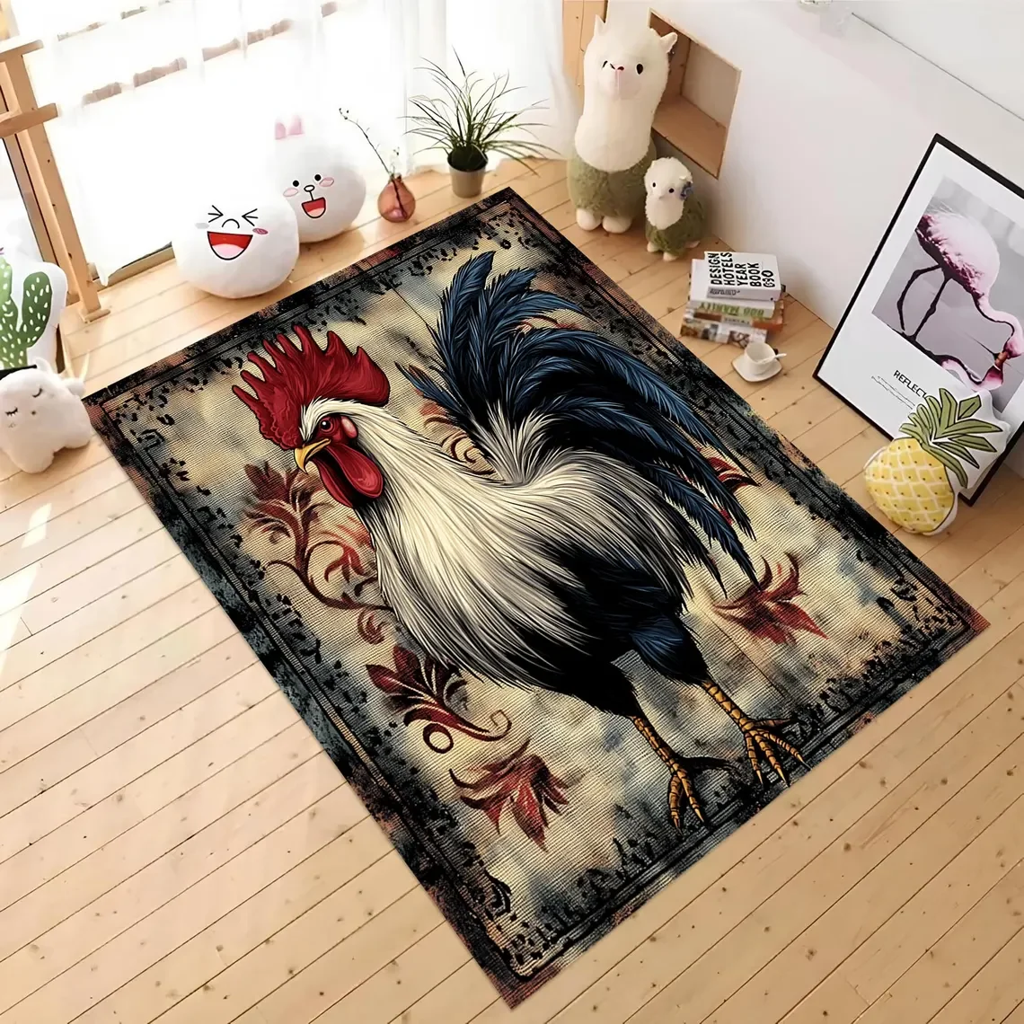 Bunter Hahn Teppich, maschinenwaschbar, Tierdekor, Teppiche für Zuhause, Wohnzimmer, Teppich, Schlafzimmer, Dekor, Teppich, rutschfeste Bodenmatte