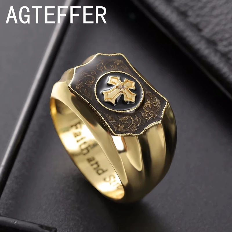 

Creative 18k yellow gold black agate Cross Faith and Strength Men's ring