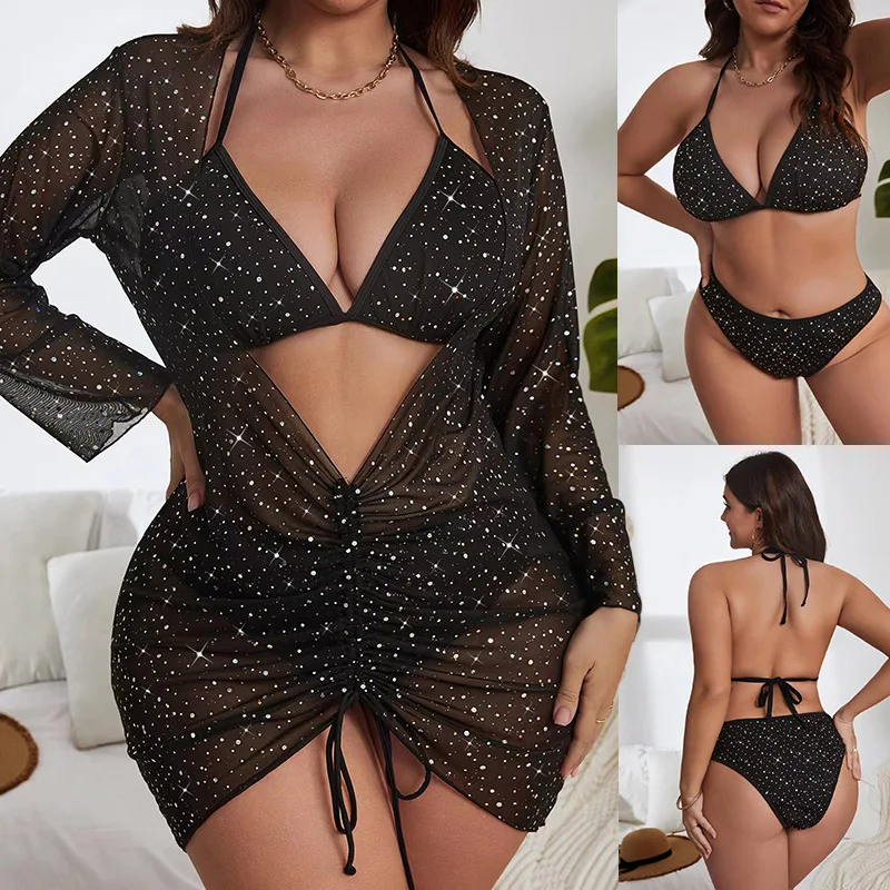 

Новый комплект женского купальника 2026 года в европейском и американском стиле, больших размеров, с длинными рукавами, в виде платья, с завязками, раздельный, треугольный бикини