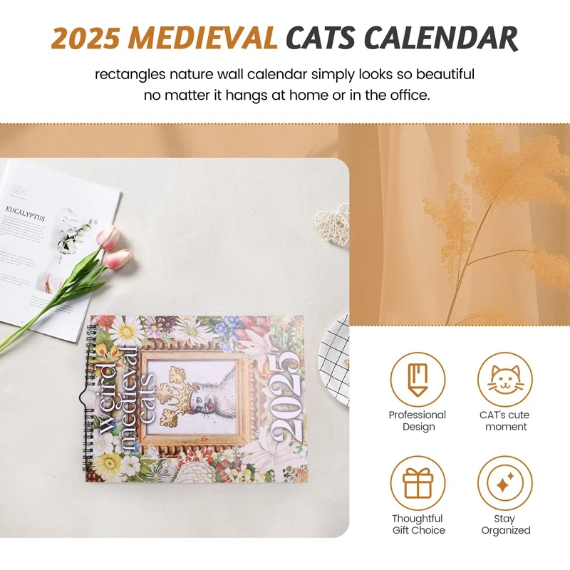 Calendrier mural avec chats étranges pour la décoration de la maison, calendrier médiéval drôle, cadeaux du Nouvel An, 2025