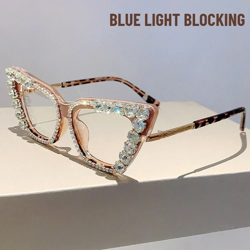 Gafas de ojo de gato con decoración de diamantes para mujer, lentes clásicas lisas con bloqueo de luz azul a la moda, protección ocular para juegos de ordenador