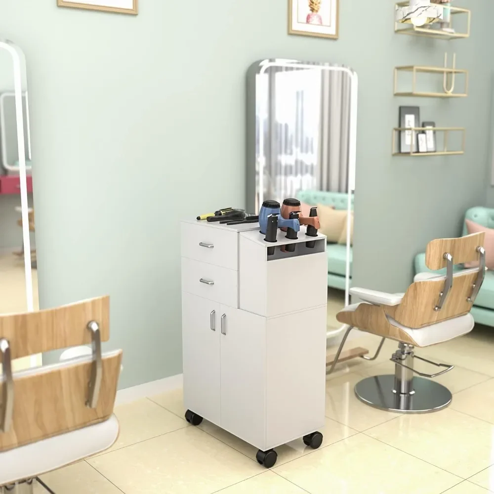 Salon Trolley Cart with Wheels, 2 Drawer Salon Rolling Cart w/5 Hair Dryer Holders & 1 Large Cabinet, Hair Cart Barber Equipment