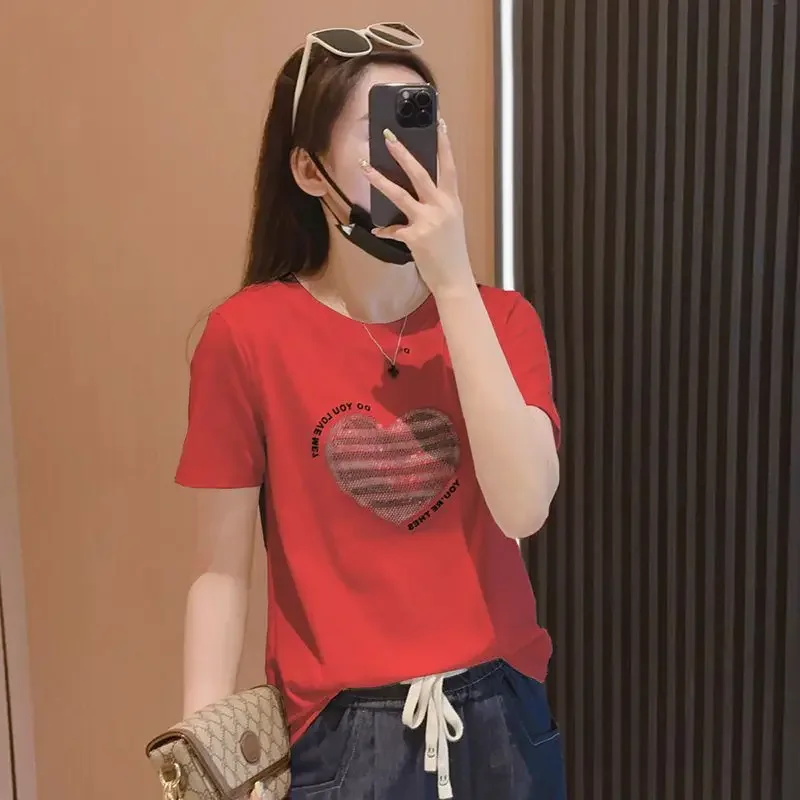 Female Clothing Spring Summer New Women's T-shirt Loose Slim Fashion Solid Cotton Short Sleeve Pullover Round Neck Vintage Tops