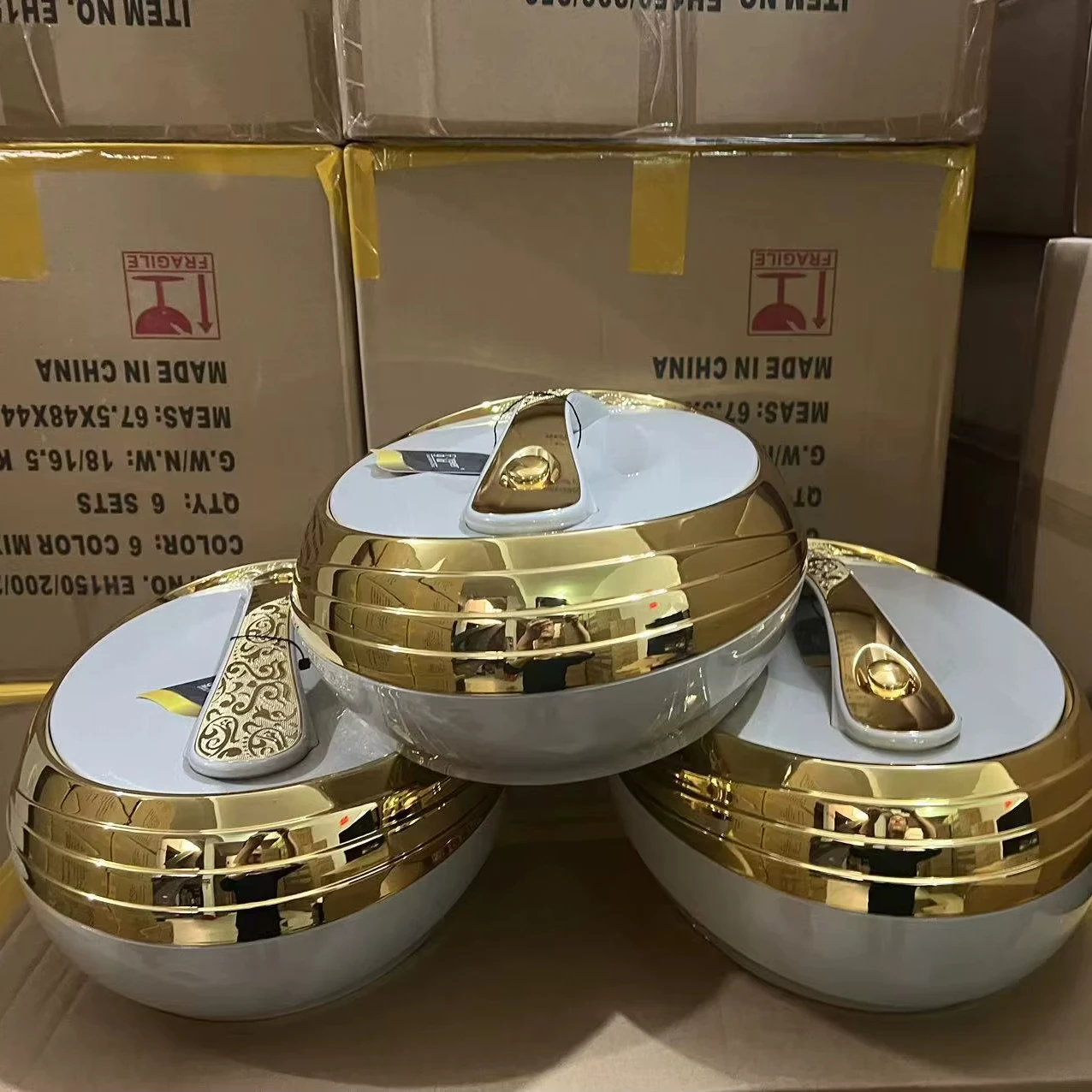 Luxury Tableware 4L 5L 6L Thermal Serving Pot Oval Insulated Casserole Set with Wide Stepped Gold Band