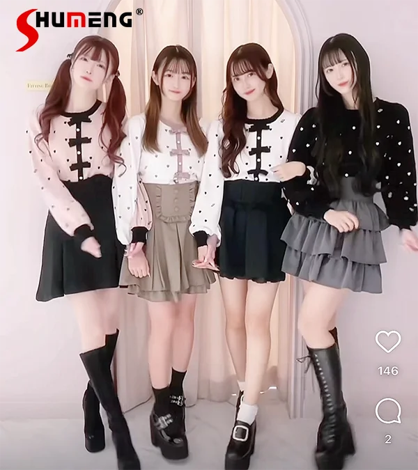 

Japanese Mines Style Mass-produced Soft Girl's Heart Sweater Round Neck Puff Sleeve Sweet Knitted Pullover for Women 2026 Spring