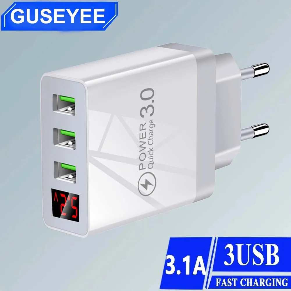 3.1A 3 Port USB Charger Fast Charge Wall Charger For iPhone Samsung Xiaomi Huawei Quick Charge LED Display Phone Charger Adapter