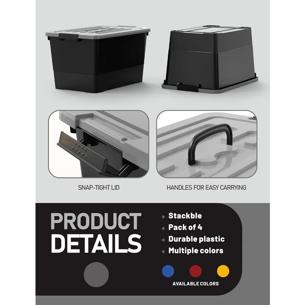 صناديق تخزين بلاستيكية قابلة للتكديس بسعة 53 لترًا، 4 عبوات من الحاويات السوداء مع أبازيم ومقابض للإغلاق، متينة للتنظيم