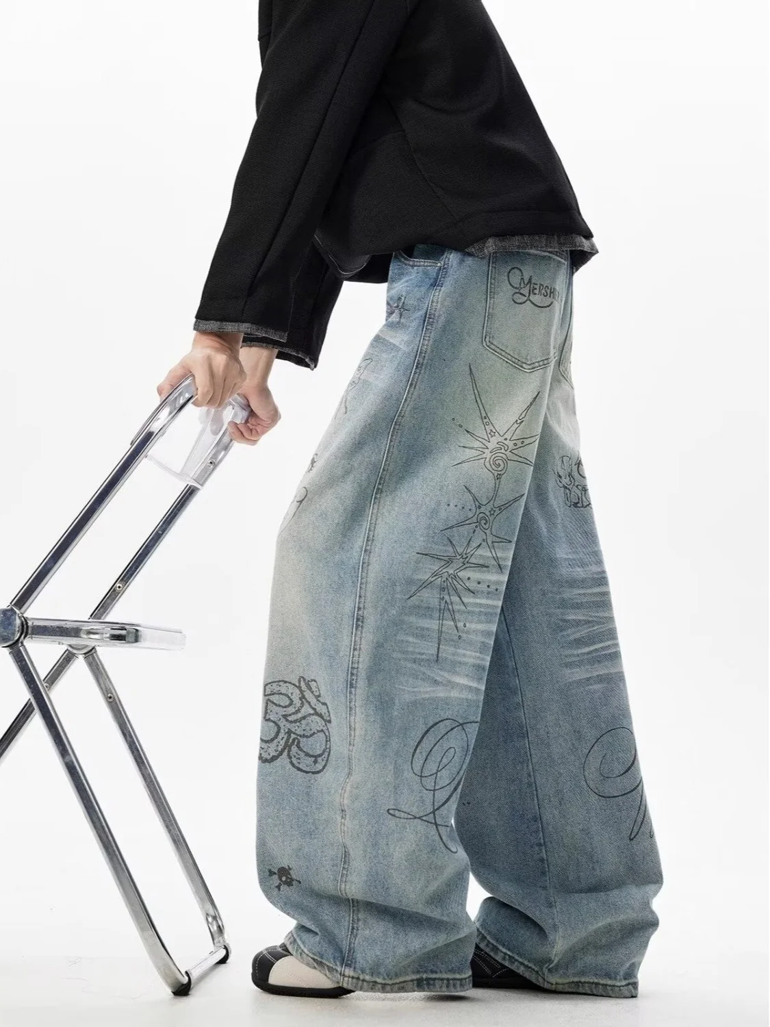 Men's Y2K Jeans Hip Hop Baggy Denim Pants Spiderweb Graphic Jeans Goth Denim Joggers Streetwear
