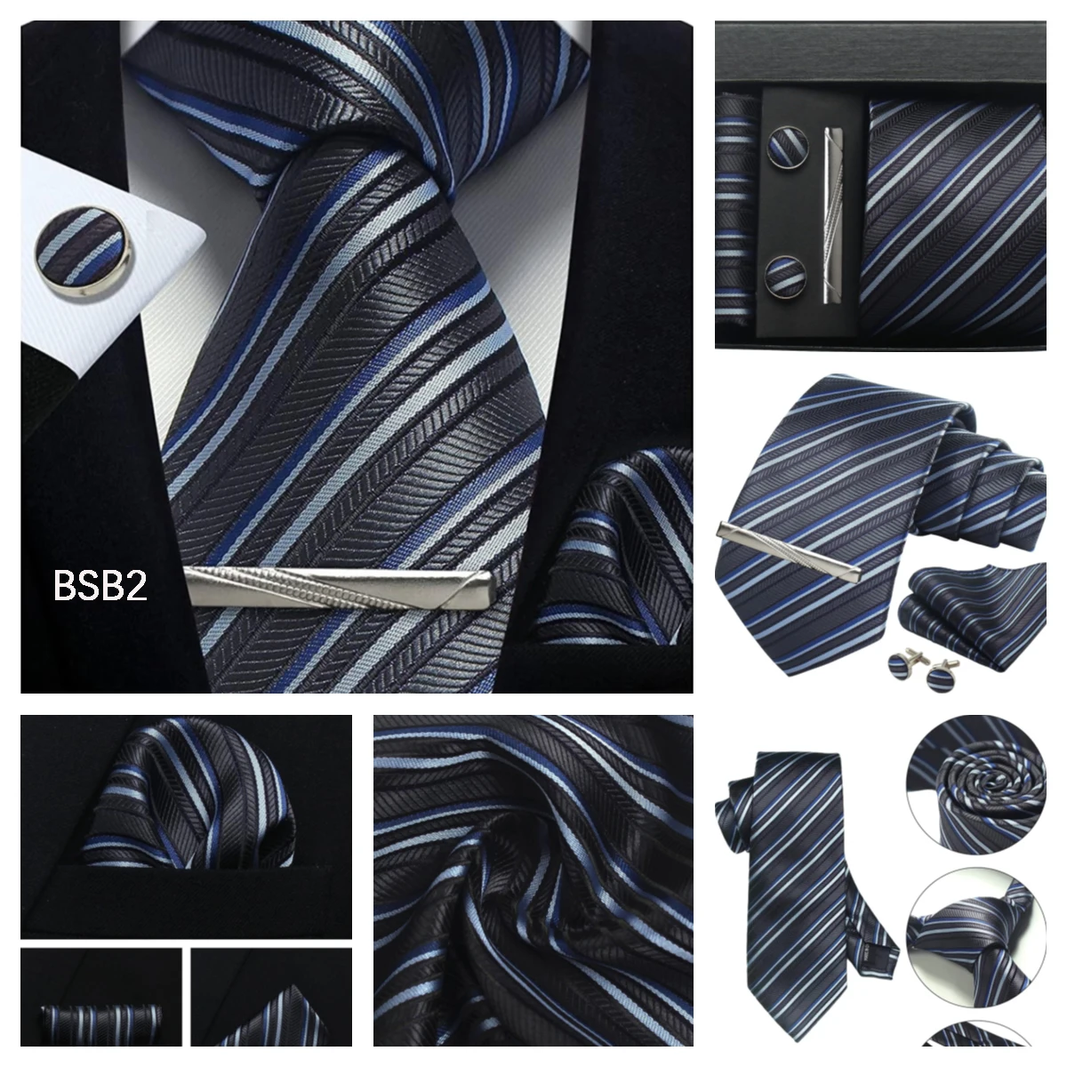 Klassische Herrenkrawatten aus 100 % Seide in Geschenkbox, 8 cm, kariert, gepunktet, gestreift, Business-Krawatte, Einstecktuch, Manschettenknöpfe, Hochzeitskrawatten-Set – Detail 30