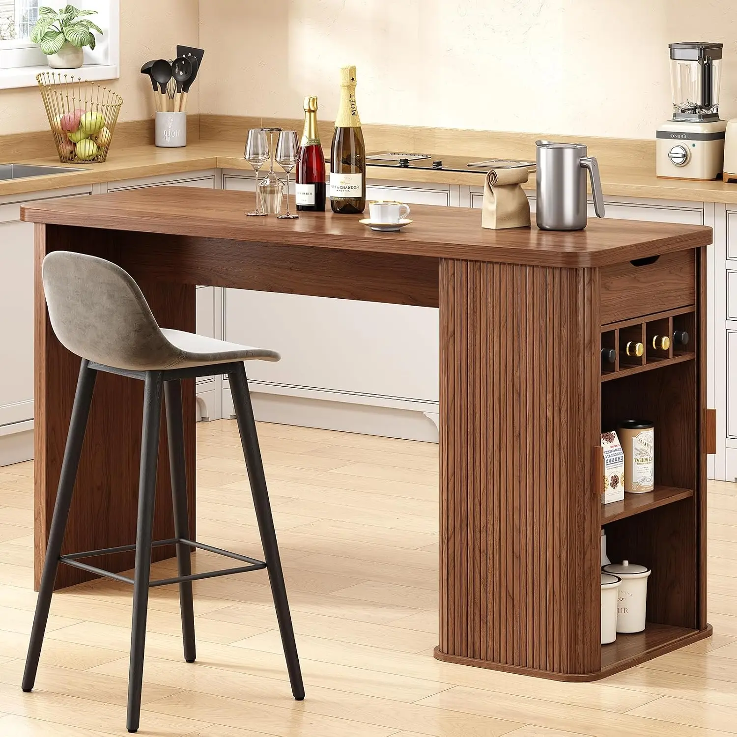 59 Inch Kitchen Island with Storage, Fluted Counter Height Table, Mid-Century Modern Kitchen Island Table, Customized