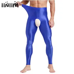 Lingerie masculina brilhante elástica aberta virilha leggings cor sólida cintura elástica calças magras crotchless roupa interior térmica