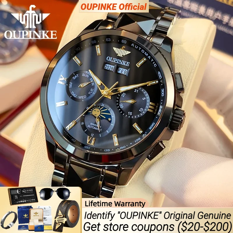 

OUPINKE 3201 Black Steel Original Luxury Men's Watch Waterproof Luminous Moon Phase Dial Mechanical Men Watches
