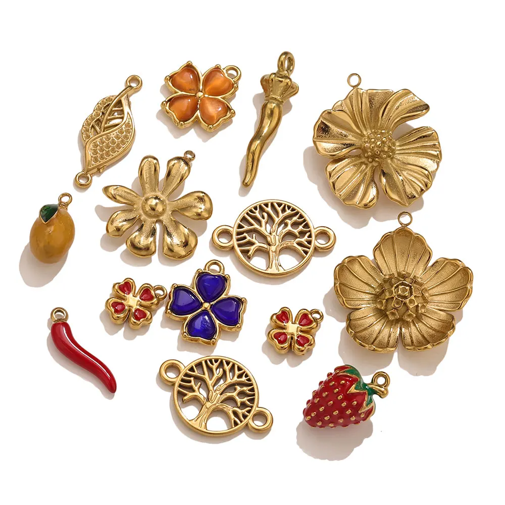2/4/5 Uds. De dijes de fresa y flor de acero inoxidable, colgante de fruta de Chile DIY, conector de joyería, pulsera, collar, accesorios para hacer
