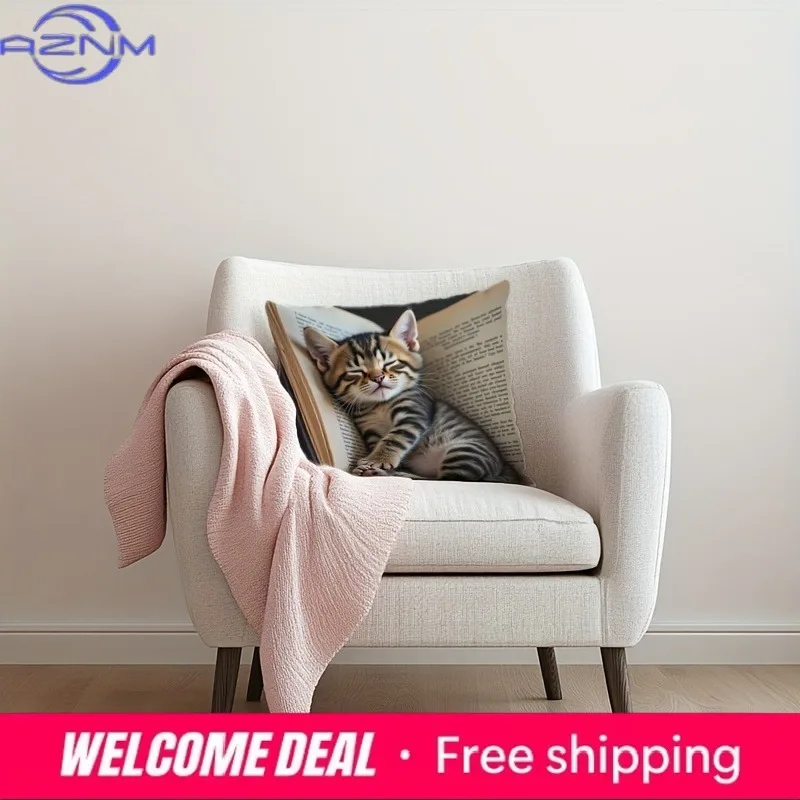 Cuddle Up with Our Adorable Kitten-in-Book Pillowcase! Sofa cushion cover, home room dormitory decoration, 2D printing