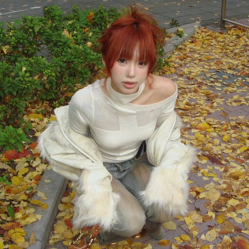 Karrram Japanese Y2k Knitted Tops 2000s Aesthetics Long Sleeve Knit T-shirt Vintage Harajuku Off Shoulder Knitwear Korean Style