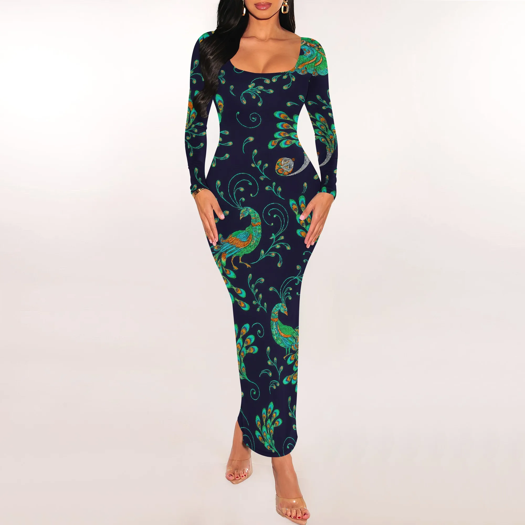 Abito lungo da donna con stampa floreale Abito lungo casual con scollo quadrato di base Abito aderente aderente da club per feste a maniche lunghe morbido e aderente