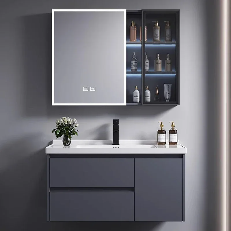 Mueble de baño nórdico de aleación de aluminio, mueble de almacenamiento combinado con espejo inteligente de moda minimalista italiano, Arredo Bagno FYBC