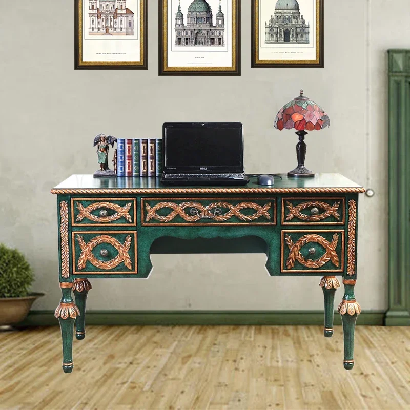 American solid wood desk study European simple desktop office computer table and chair retro green writing desk drawer home