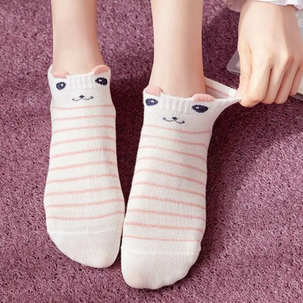 5 Pairs Summer Cartoon Cat Print Socks Thin Stripe Mid-tube Socks Speckle Soft Low Cut Ankle Socks Outdoor image 2