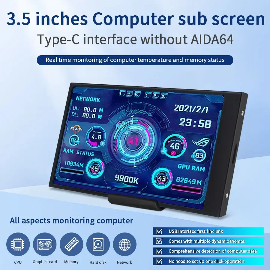 

3.5 Inch Computer Sub Screen with Holder IPS Type C Secondary Screen CPU GPU RAM HDD LCD Monitor Freely AIDA64 Windows 8/10/11