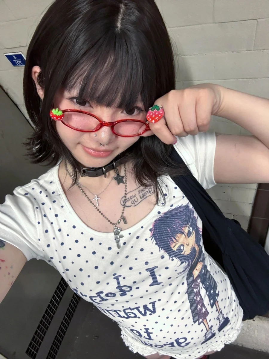 

Pure Cotton ort Sve T-irt Women's Summer New round Ne Slimming Sexy Girl Top Cartoon Animation Letter Polka Dot Print