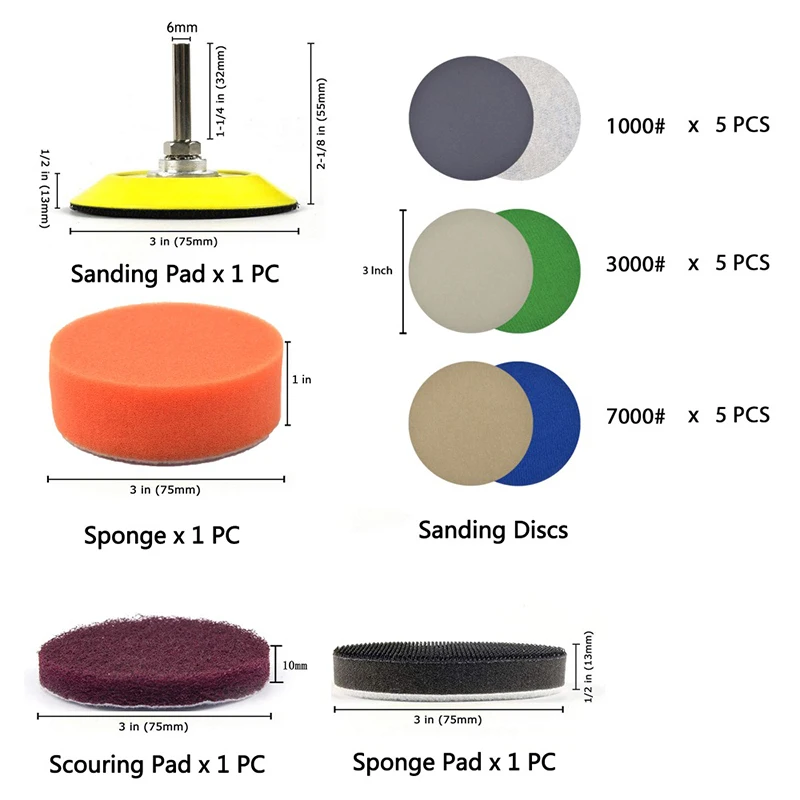 3 Inch Car Headlight Restoration Kit 19 Pcs With Sanding Backing Pad Mop Drill Adapter Sponge Buffer Pad For Car Polishing Tools