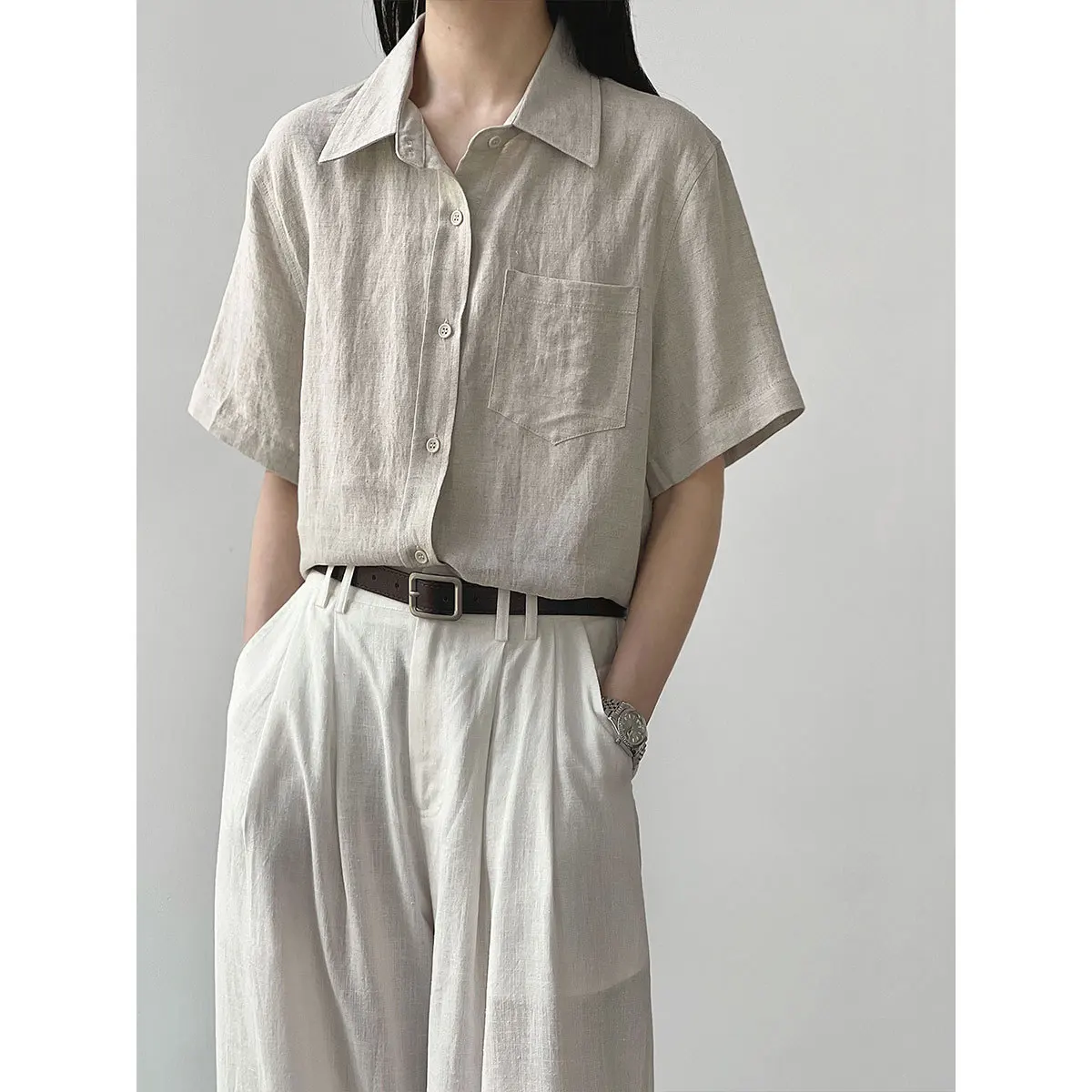 

Льняная женская рубашка, минималистичная женская рубашка с короткими рукавами в корейском стиле, универсальная повседневная рубашка для летних поездок, новинка 2025 года