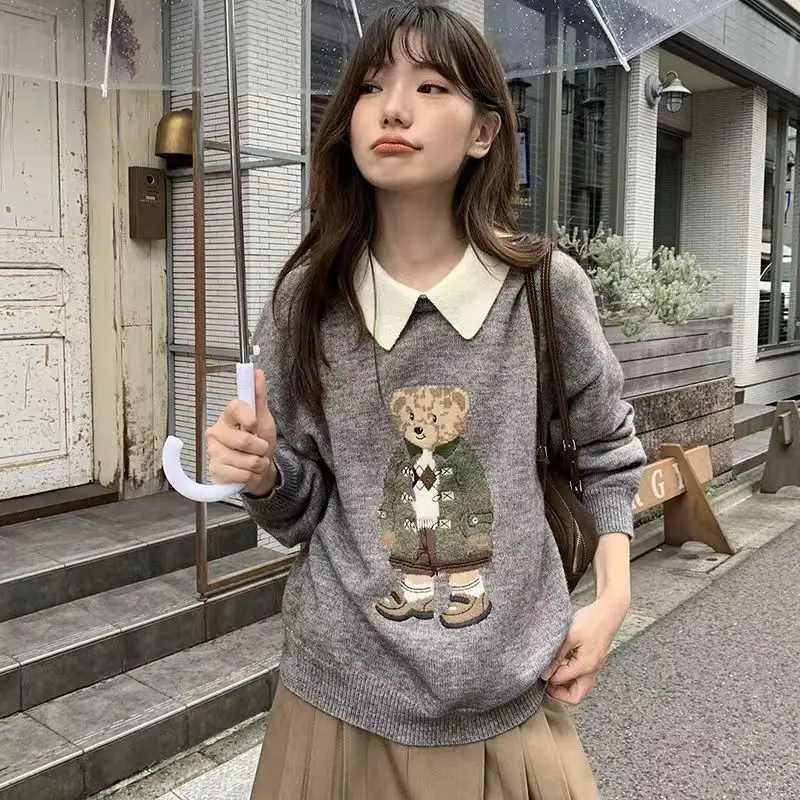 New Intarsia Bear Knitted Hoodie Women's Knitted Top for Autumn and Winter Warmth Lauren Korean Fashion Chic Clothing Sweater