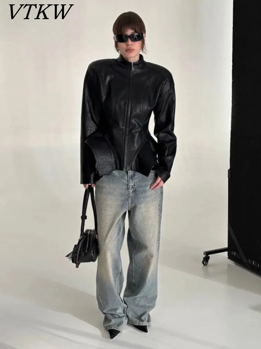 

Женская куртка VTKW из искусственной кожи, весна-лето 2026, с воротником-стойкой, на молнии, с пэплум-подолом, элегантная уличная верхняя одежда