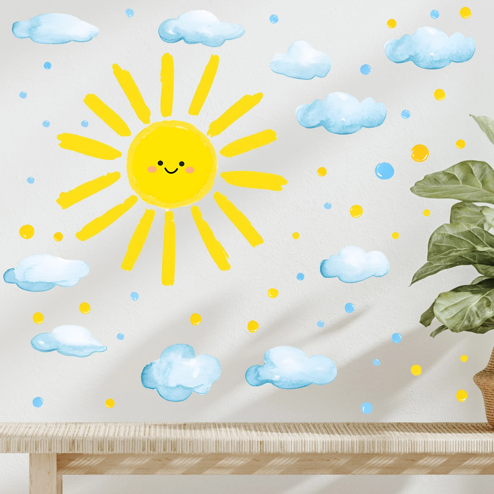 Watercolor Sun Wall Decals, Pastel Cloud & Sun Stickers, Removable Cute Home Bedroom Living Room Decor