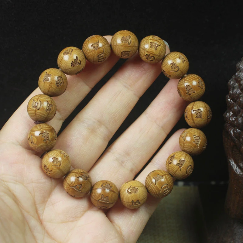 12mm carved -character mantra bracelet made of old six-channel wood, unisex Buddhist prayer beads, simple gift