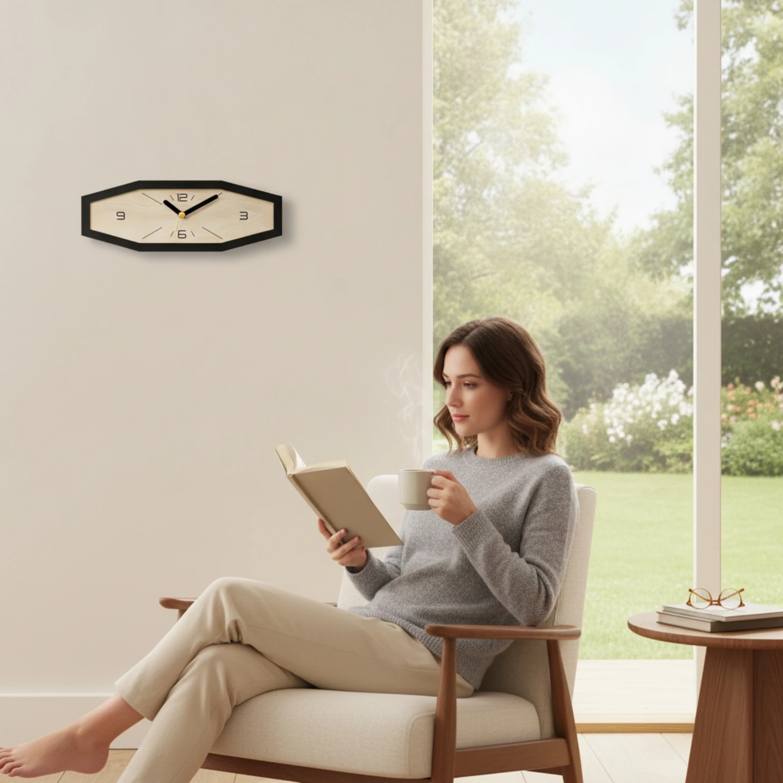 Hexagonal Wall Clock Elegant Clock with Woodgrain Dial Easy-to-Read Quartz for Living Room, Home Office
