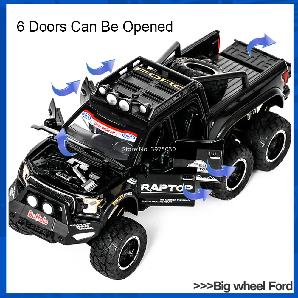 1:28 F150 6x6 ของเล่นโลหะผสมรถยนต์Diecastรุ่น 6 ประตูเปิดOff-Roadล้อดึงกลับMiniatureยานพาหนะสําหรับชายวันเกิด...
