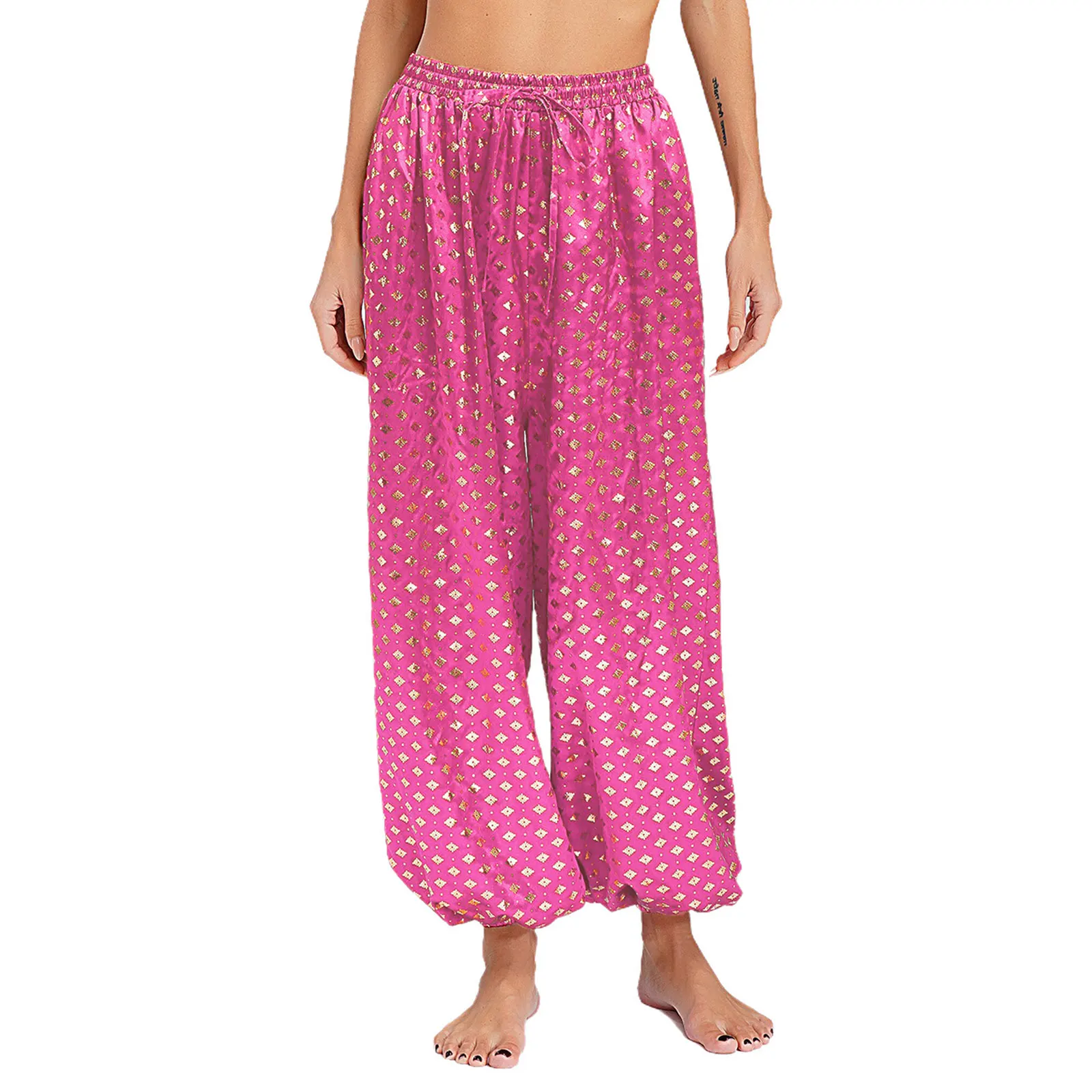 Women Satin Belly Dance Costume Modern Dance Print Bloomers Loose Fit Long Elastic Waistband Pants for Performance Theme Party