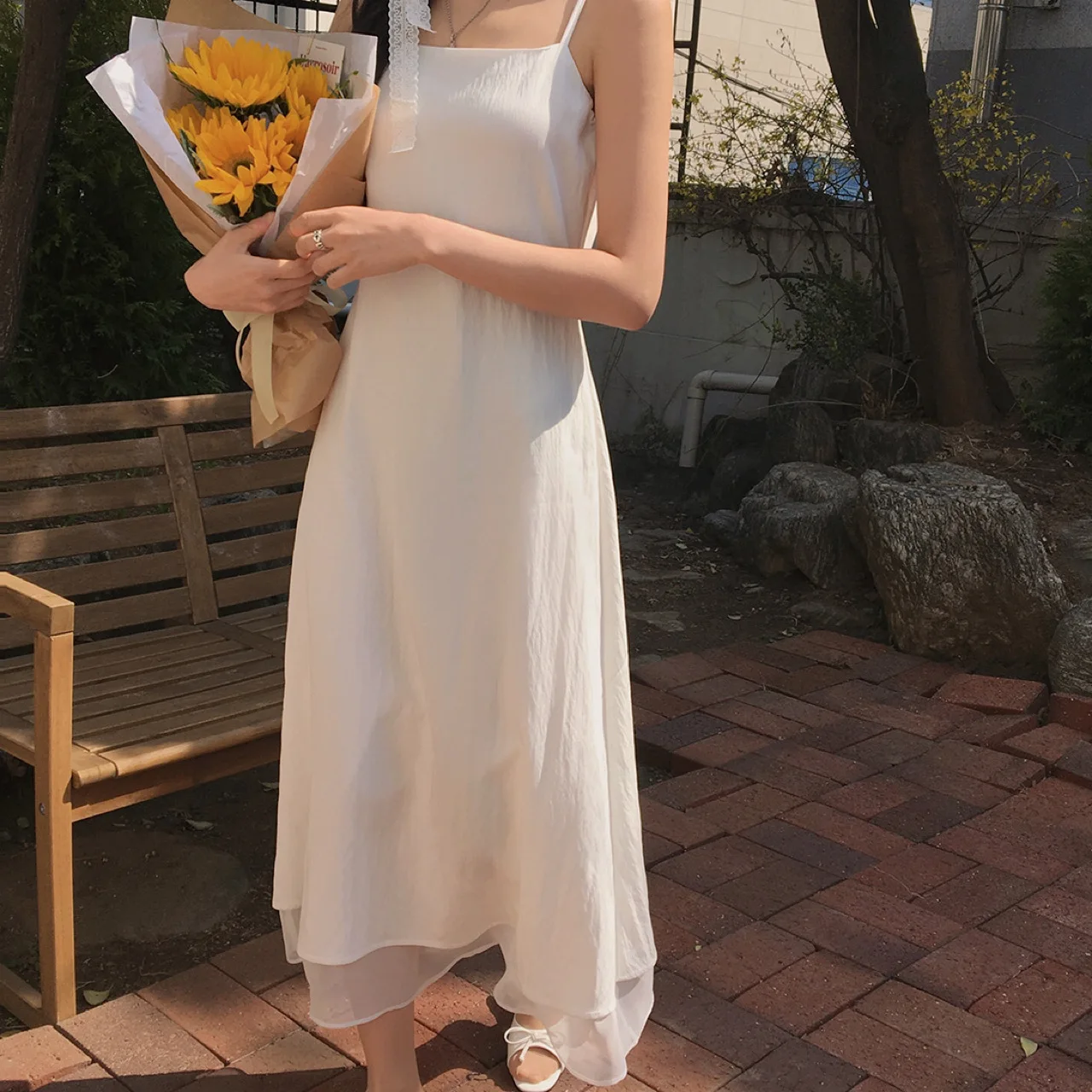 Sweet Chic Summer New A-Line Dr Women's Strapl White Long Dr Korean Sle ملابس غير رسمية للتصوير الفوتوغرافي في شارع المدرسة...