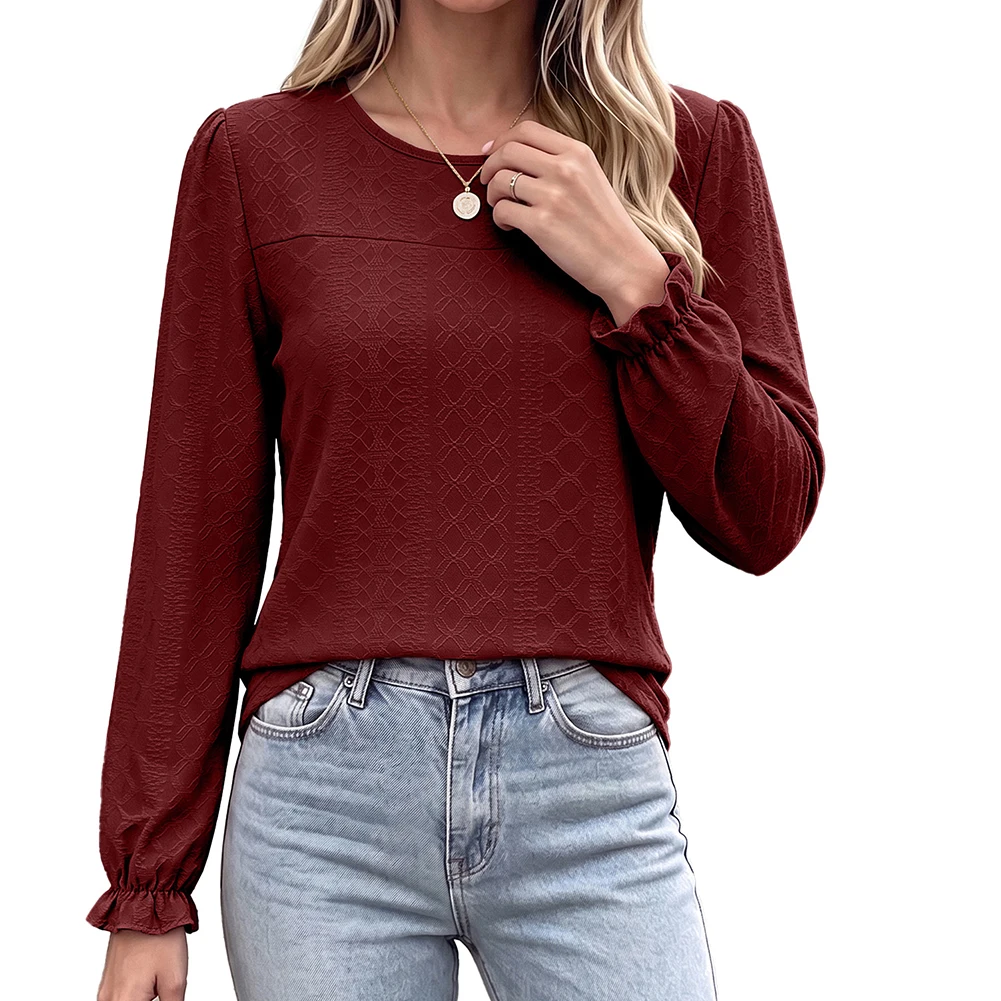 Ladies' Solid Color Fashion Loose Round Neck Long Sleeved Patchwork Casual Top Grid Stripe Design 1Flare Bell Sleeve